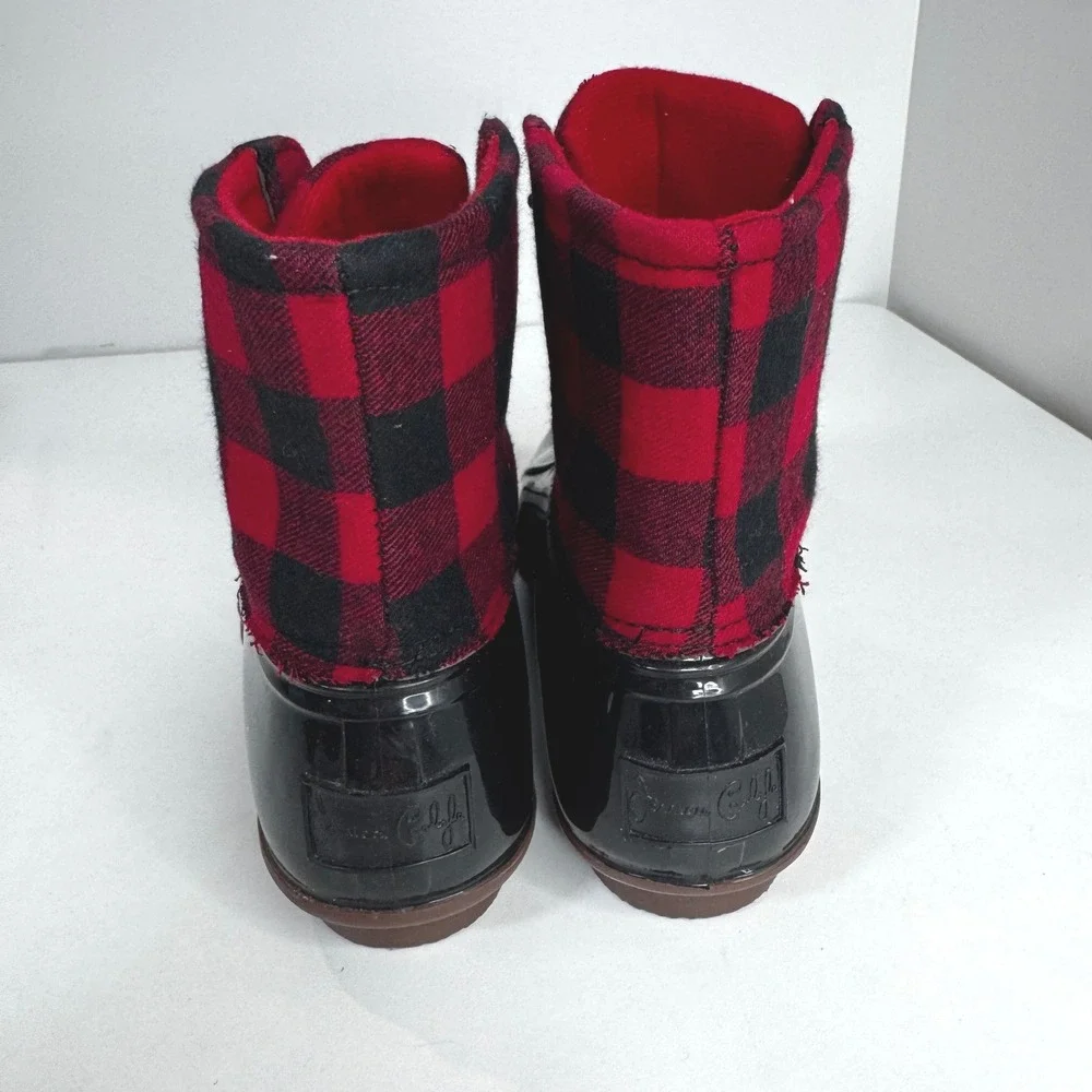 Jessica Carlyle Womens Buffalo Plaid Duck Boots Black Red Rain Snow Size 10